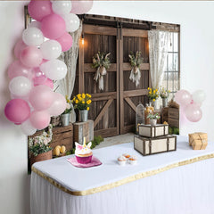 Lofaris Rustic Barn Door Easter Photography Backdrop with Bunny Wreaths and Spring Flowers, Farmhouse Style Studio Background