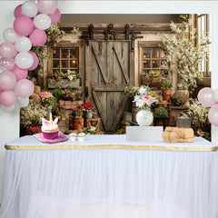 Lofaris Rustic Barn Door Spring Garden Photography Backdrop with Blooming Flowers Greenery, Charming Wooden Background for Photoshoot