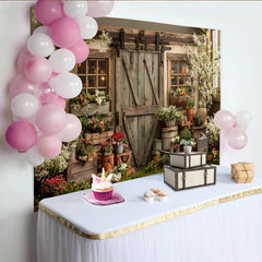 Lofaris Rustic Barn Door Spring Garden Photography Backdrop with Blooming Flowers Greenery, Charming Wooden Background for Photoshoot