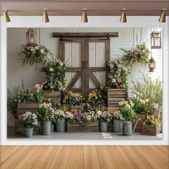 Lofaris Rustic Floral Photography Backdrop with Barn Door and Fresh Flowers, Charming Studio Background for Spring Photoshoot and Event Decor