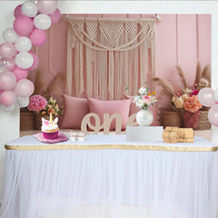 Lofaris Pink Boho 1st Birthday Backdrop with Macrame and Pampas Grass, Elegant Photography Background for Cake Smash and Party Decor