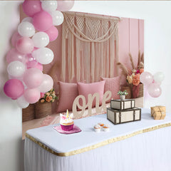 Lofaris Pink Boho 1st Birthday Backdrop with Macrame and Pampas Grass, Elegant Photography Background for Cake Smash and Party Decor