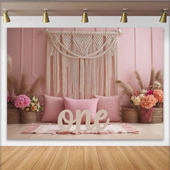 Lofaris Pink Boho 1st Birthday Backdrop with Macrame and Pampas Grass, Elegant Photography Background for Cake Smash and Party Decor