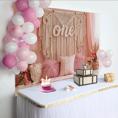 Lofaris Boho Pink 1st Birthday Backdrop with Macrame and Flowers, Elegant Studio Background for Baby Girl Photoshoot