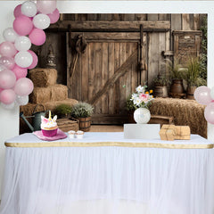 Lofaris Rustic Barn Photography Backdrop with Weathered Wood, Hay Bales and Potted Plants, Farmhouse Background for Studio Photoshoot