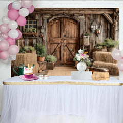 Lofaris Rustic Wood Barn Door Photography Backdrop with Hay Bales and Greenery, Farmhouse Style Studio Background for Photoshoot