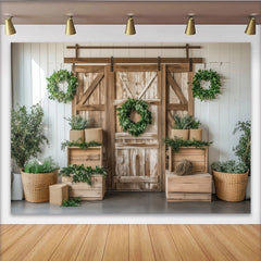 Lofaris Rustic Wood Photography Backdrop with Barn Door and Green Wreaths, Farmhouse Style Background for Studio Photoshoot