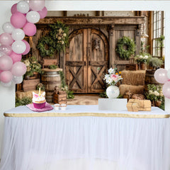 Lofaris Rustic Barn Photography Backdrop with Wooden Doors, Hay Bales and Greenery, Farmhouse Studio Background for Autumn Photoshoot