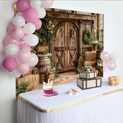 Lofaris Rustic Barn Photography Backdrop with Wooden Doors, Hay Bales and Greenery, Farmhouse Studio Background for Autumn Photoshoot
