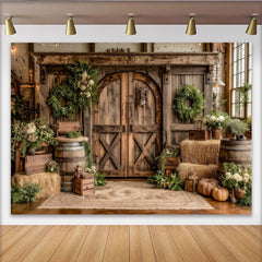 Lofaris Rustic Barn Photography Backdrop with Wooden Doors, Hay Bales and Greenery, Farmhouse Studio Background for Autumn Photoshoot