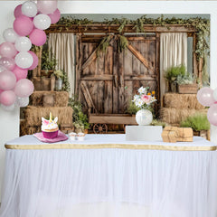 Lofaris Rustic Barn Photography Backdrop with Hay Bales and Greenery, Charming Farmhouse Background for Studio Photoshoot