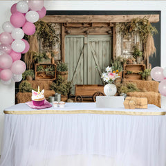 Lofaris Rustic Barn Photography Backdrop with Wooden Door and Hay Bales, Natural Farmhouse Background for Studio Photoshoot