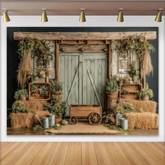 Lofaris Rustic Barn Photography Backdrop with Wooden Door and Hay Bales, Natural Farmhouse Background for Studio Photoshoot