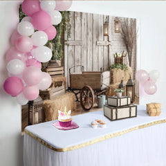 Lofaris Rustic Farmhouse Photography Backdrop with Wooden Wagon and Hay Bales, Distressed Barn Wall Background for Studio Photoshoots