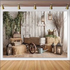 Lofaris Rustic Farmhouse Photography Backdrop with Wooden Wagon and Hay Bales, Distressed Barn Wall Background for Studio Photoshoots