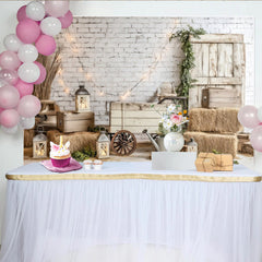 Lofaris Rustic Farmhouse Photography Backdrop with White Brick Wall and Wooden Door, Cozy Studio Background for Portrait Sessions and Events