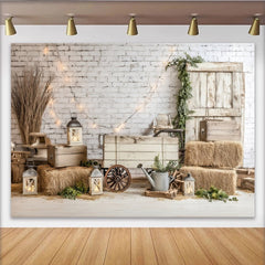 Lofaris Rustic Farmhouse Photography Backdrop with White Brick Wall and Wooden Door, Cozy Studio Background for Portrait Sessions and Events