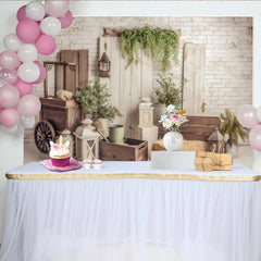Lofaris Rustic Farmhouse Photography Backdrop with White Brick and Wood, Vintage Greenery and Lanterns for Studio Photoshoot