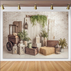 Lofaris Rustic Farmhouse Photography Backdrop with White Brick and Wood, Vintage Greenery and Lanterns for Studio Photoshoot