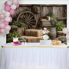 Lofaris Rustic Wood Photography Backdrop with Wagon Wheel and Hay Bales, Vintage Barn Studio Background for Portraits