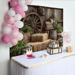 Lofaris Rustic Wood Photography Backdrop with Wagon Wheel and Hay Bales, Vintage Barn Studio Background for Portraits