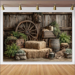 Lofaris Rustic Wood Photography Backdrop with Wagon Wheel and Hay Bales, Vintage Barn Studio Background for Portraits