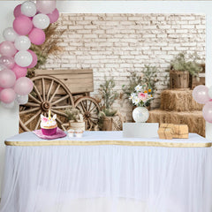 Lofaris Rustic Farmhouse Photography Backdrop with White Brick Wall and Wagon Wheels, Natural Hay Bales and Greenery Background