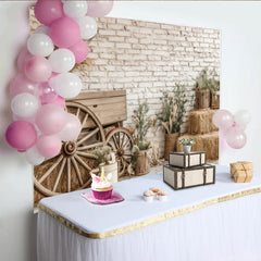 Lofaris Rustic Farmhouse Photography Backdrop with White Brick Wall and Wagon Wheels, Natural Hay Bales and Greenery Background
