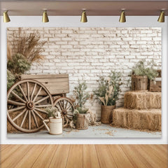 Lofaris Rustic Farmhouse Photography Backdrop with White Brick Wall and Wagon Wheels, Natural Hay Bales and Greenery Background