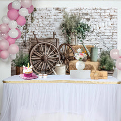 Lofaris Rustic Photography Backdrop with White Brick Wall and Wooden Wagon Wheels, Farmhouse Studio Background for Portraits and Events.