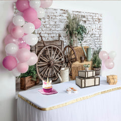 Lofaris Rustic Photography Backdrop with White Brick Wall and Wooden Wagon Wheels, Farmhouse Studio Background for Portraits and Events.
