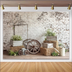 Lofaris Rustic Farmhouse Photography Backdrop with Distressed White Brick Wall and Hay Bales, Vintage Studio Background for Natural Portrait