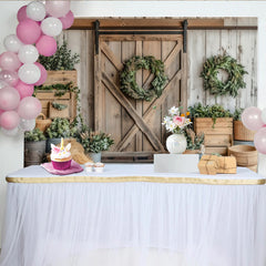 Lofaris Rustic Farmhouse Photography Backdrop with Barn Door and Greenery Wreaths, Natural Wood Wall Background for Studio Photoshoot