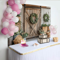 Lofaris Rustic Farmhouse Photography Backdrop with Barn Door and Greenery Wreaths, Natural Wood Wall Background for Studio Photoshoot