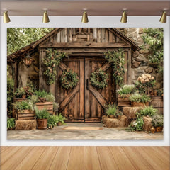 Lofaris' Rustic Barn Door Photography Backdrop with Greenery and Floral Wreaths, Vintage Farmhouse Background for Studio Photoshoot