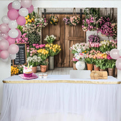 Lofaris Vibrant Spring Floral Photography Backdrop with Rustic Wood Door, Charming Flower Shop Background for Studio Photoshoot
