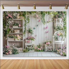 Lofaris White Wood Floral Garden Photography Backdrop with Butterflies, Elegant Studio Background for Spring Photoshoot and Party Decor