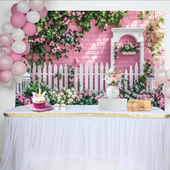 Lofaris Pink Brick Wall Garden Photography Backdrop with White Picket Fence, Charming Spring Photo Background for Studio and Party Decor