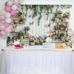 Lofaris White Wood Plank Rustic Floral Photography Backdrop with Pink Roses and Green Vines, Butterfly Studio Background for Photoshoot