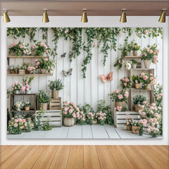 Lofaris White Wood Plank Rustic Floral Photography Backdrop with Pink Roses and Green Vines, Butterfly Studio Background for Photoshoot