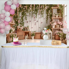 Lofaris Pink Floral Photography Backdrop with Butterflies and Ivy, Rustic Wooden Shelf Decor for Studio Photoshoot
