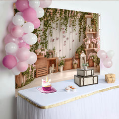 Lofaris Pink Floral Photography Backdrop with Butterflies and Ivy, Rustic Wooden Shelf Decor for Studio Photoshoot