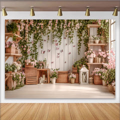 Lofaris Pink Floral Photography Backdrop with Butterflies and Ivy, Rustic Wooden Shelf Decor for Studio Photoshoot