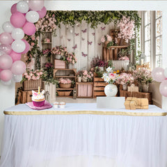 Lofaris Elegant Pink Floral Photography Backdrop with Rustic Wood and Butterflies, Studio Background for Spring Photoshoot