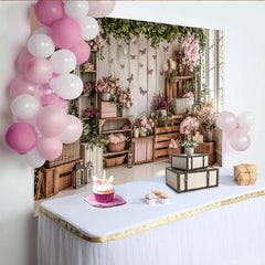 Lofaris Elegant Pink Floral Photography Backdrop with Rustic Wood and Butterflies, Studio Background for Spring Photoshoot