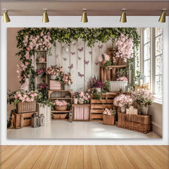 Lofaris Elegant Pink Floral Photography Backdrop with Rustic Wood and Butterflies, Studio Background for Spring Photoshoot