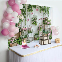 Lofaris White Wood Spring Floral Garden Photography Backdrop with Pink Butterflies and Green Vines, Studio Background for Portrait