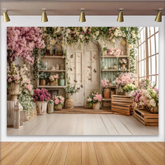 Lofaris Romantic Pink and White Floral Garden Photography Backdrop with Rustic Door and Window, Elegant Studio Background for Photoshoot