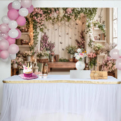 Lofaris Elegant Floral Photography Backdrop with Rustic Wood and Pink Flowers, Whimsical Studio Background for Natural Portrait Photoshoot