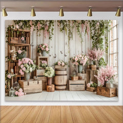 Lofaris Rustic Floral Photography Backdrop with White Wood and Pink Roses, Elegant Studio Background for Spring Photoshoot